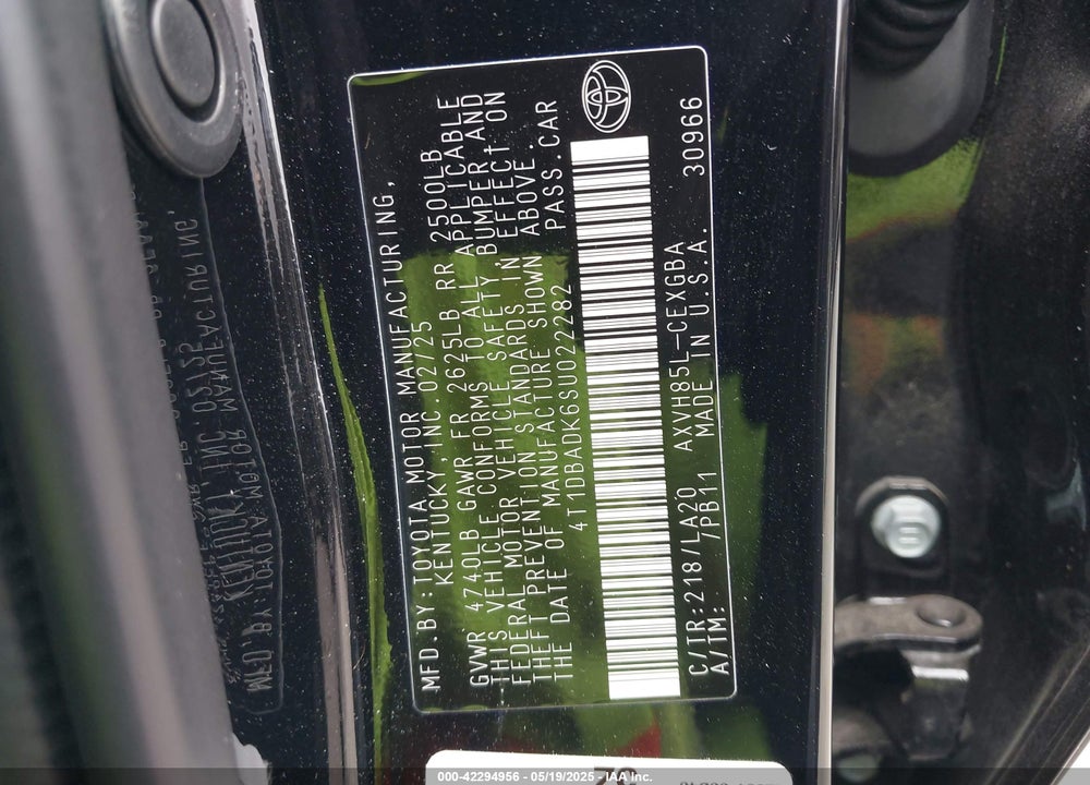 2025 TOYOTA CAMRY VIN: 4T1DBADK6SU022282
