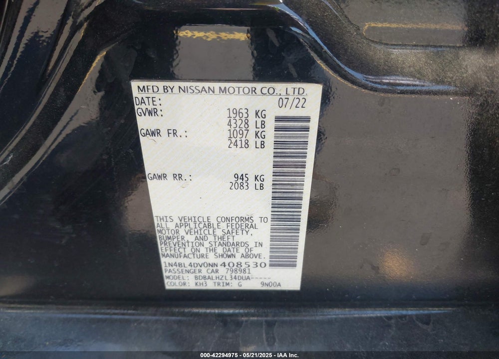 2022 NISSAN ALTIMA VIN: 1N4BL4DV0NN408530