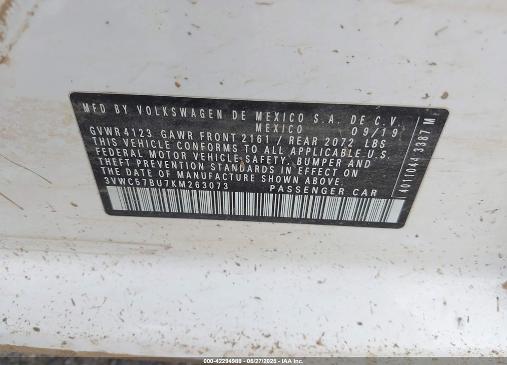 2019 VOLKSWAGEN JETTA 1.4T R-LINE/1.4T S/1.4T SE VIN: 3VWC57BU7KM263073
