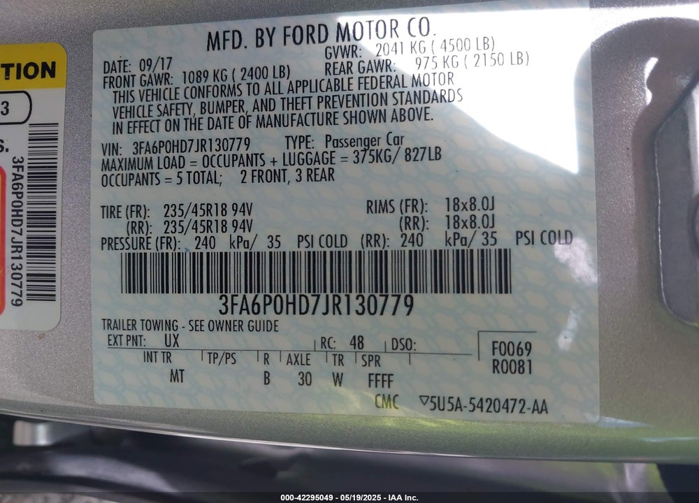 2018 FORD FUSION SE VIN: 3FA6P0HD7JR130779