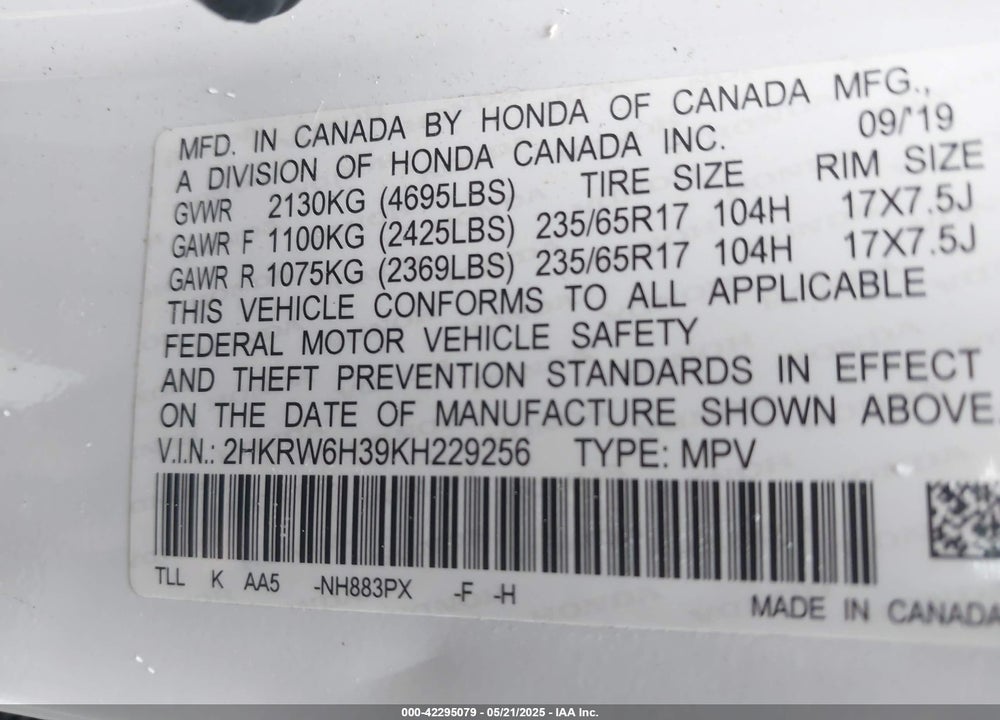 2019 HONDA CR-V VIN: 2HKRW6H39KH229256