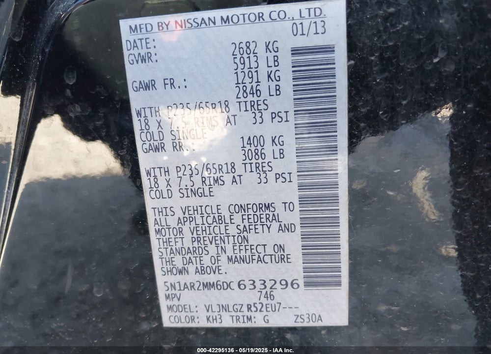 2013 NISSAN PATHFINDER VIN: 5N1AR2MM6DC633296