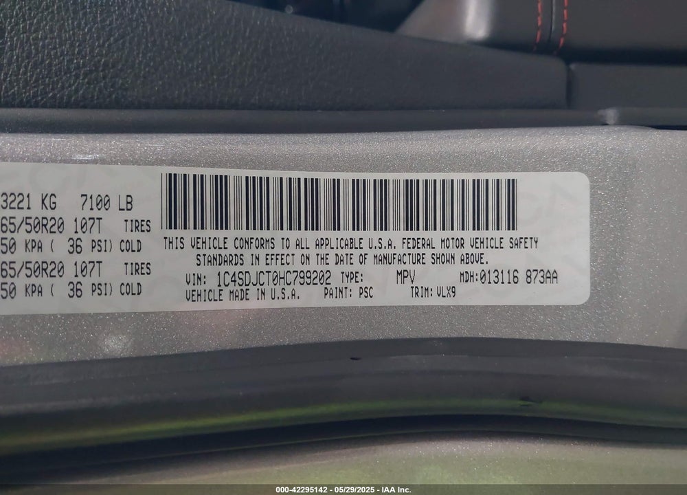 2017 DODGE DURANGO VIN: 1C4SDJCT0HC799202