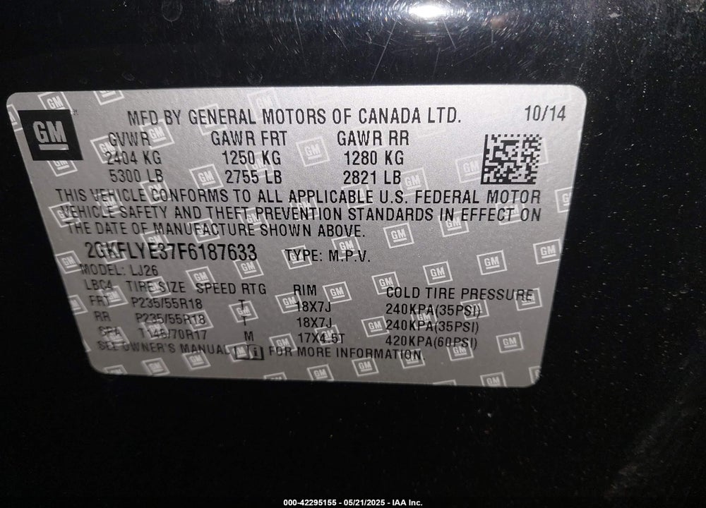 2015 GMC TERRAIN SLT-2 VIN: 2GKFLYE37F6187633