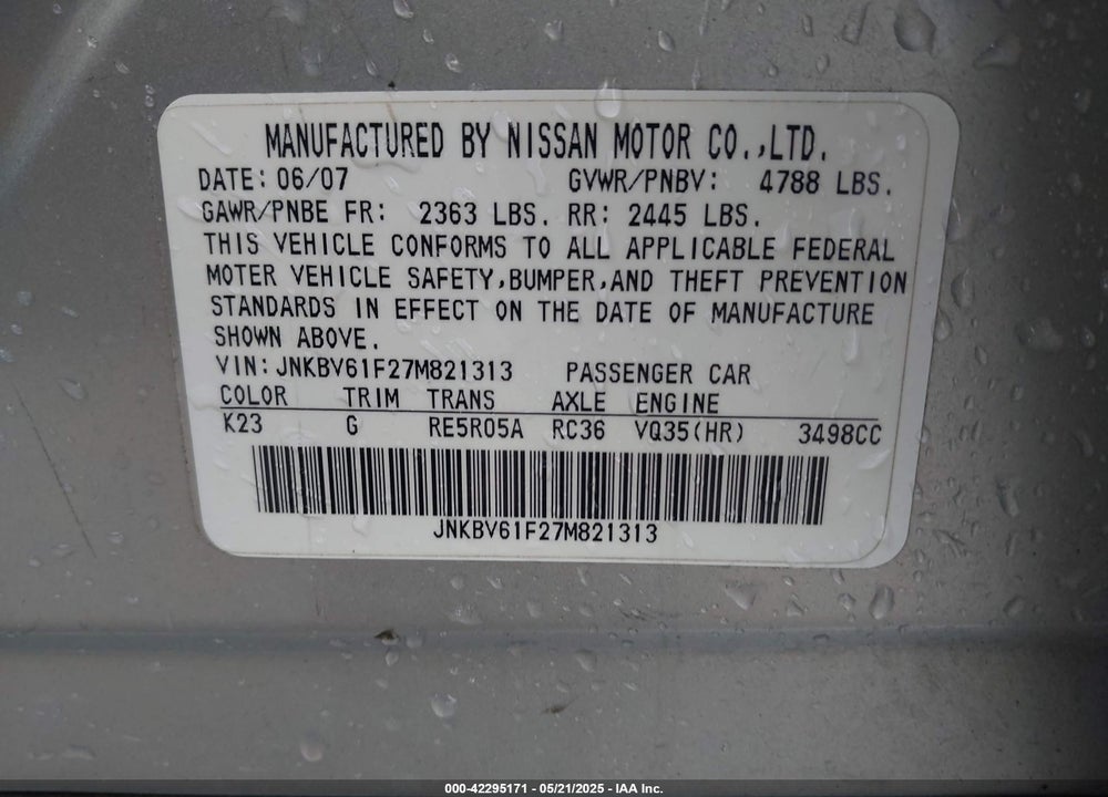2007 INFINITI G35X VIN: JNKBV61F27M821313