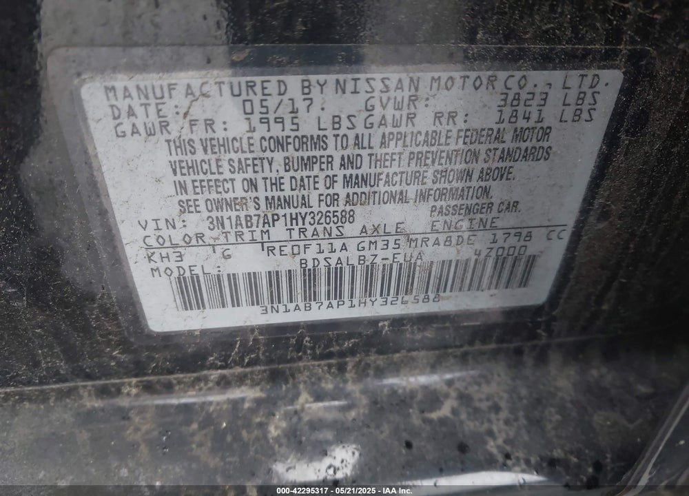 2017 NISSAN SENTRA VIN: 3N1AB7AP1HY326588