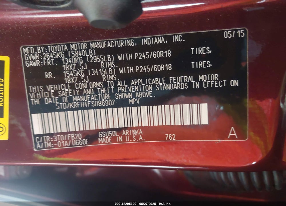2015 TOYOTA HIGHLANDER LE V6 VIN: 5TDZKRFH4FS086907