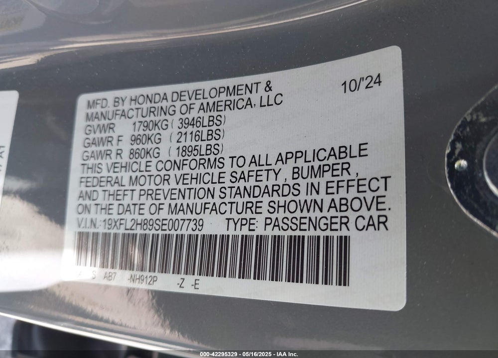 2025 HONDA CIVIC VIN: 19XFL2H89SE007739