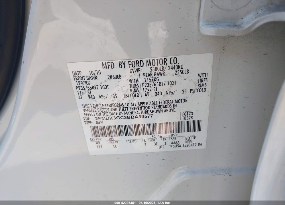 2011 FORD EDGE VIN: 2FMDK3GC3BBA39577