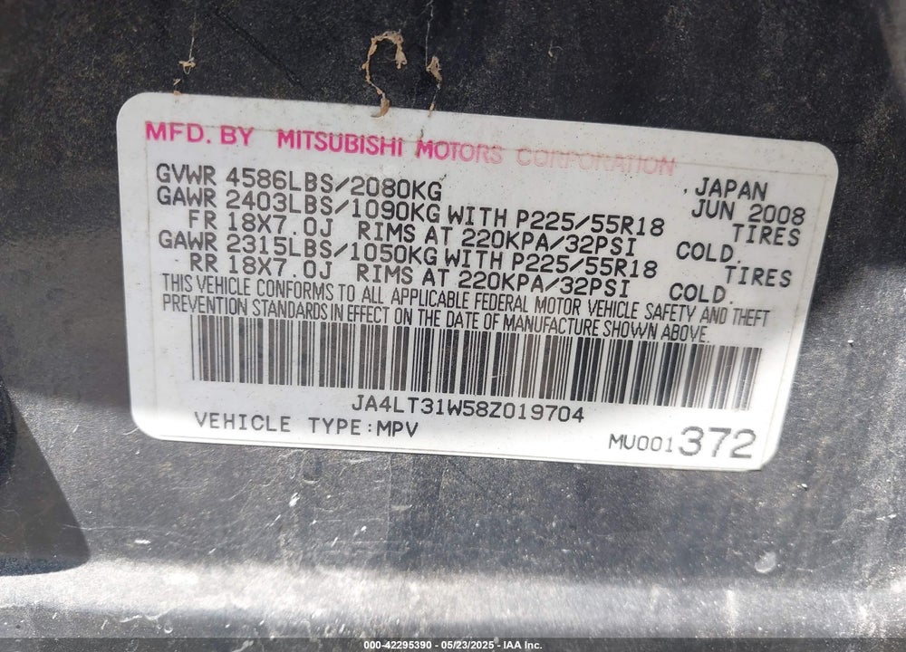 2008 MITSUBISHI OUTLANDER SE VIN: JA4LT31W58Z019704