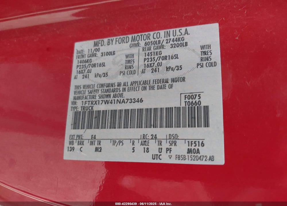 2001 FORD F-150 LARIAT/XL/XLT VIN: 1FTRX17W41NA73346