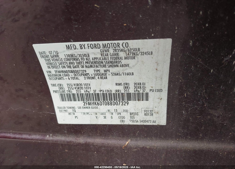 2011 FORD FLEX VIN: 2FMHK6DT0BBD07329