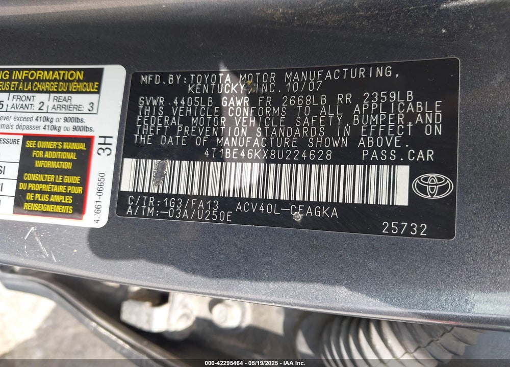 2008 TOYOTA CAMRY XLE VIN: 4T1BE46KX8U224628