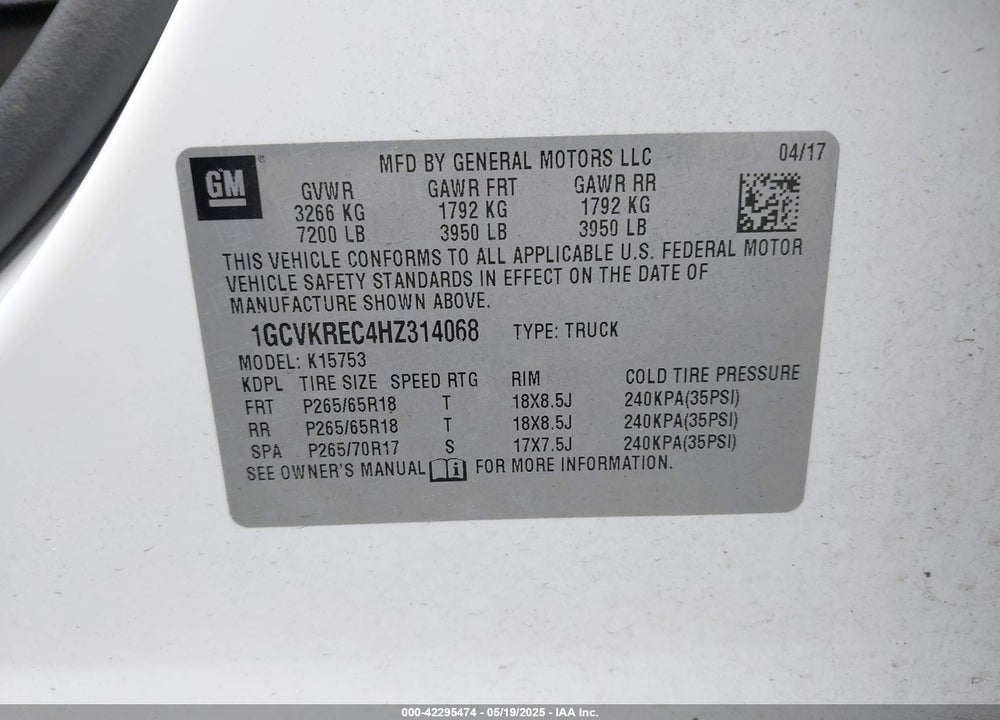 2017 CHEVROLET SILVERADO 1500 VIN: 1GCVKREC4HZ314068
