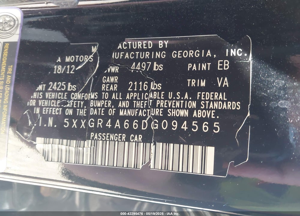 2013 KIA OPTIMA VIN: 5XXGR4A66DG094565