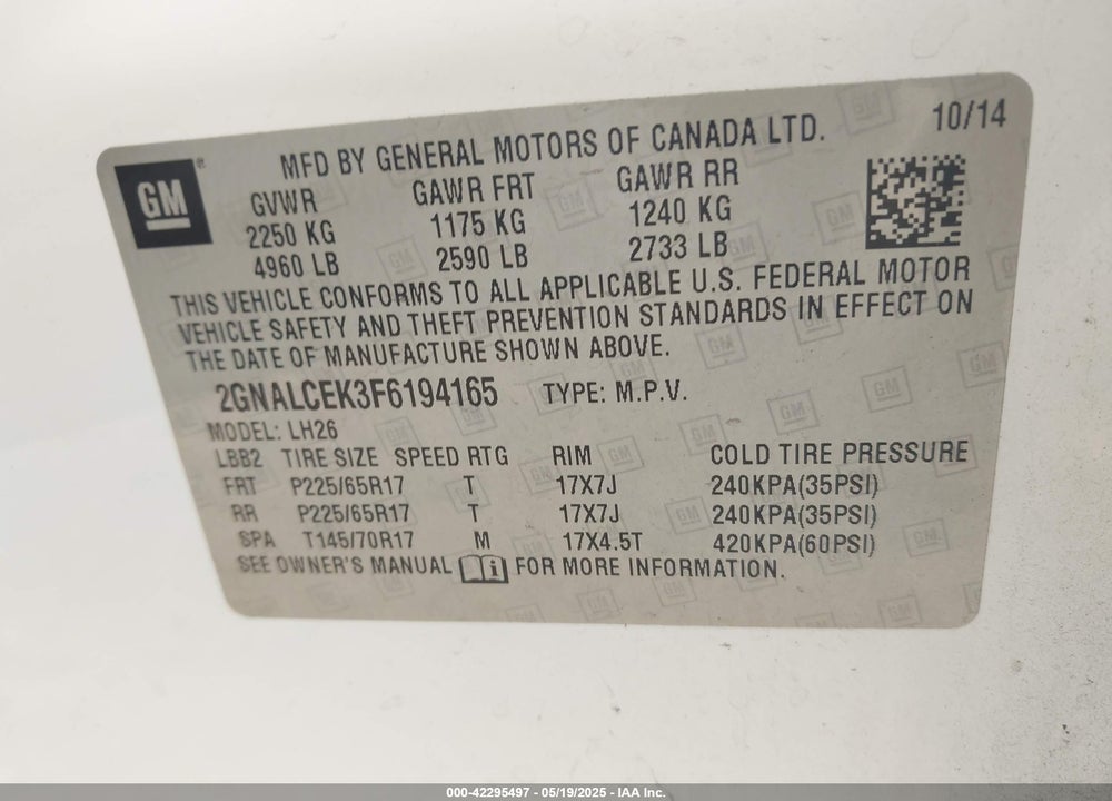 2015 CHEVROLET EQUINOX VIN: 2GNALCEK3F6194165