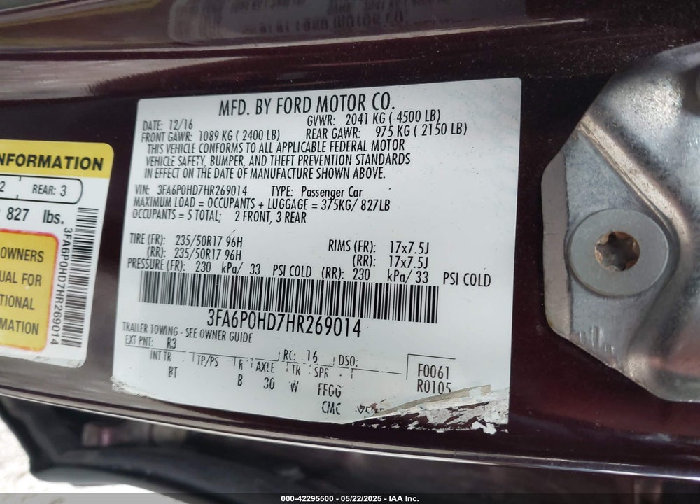2017 FORD FUSION SE VIN: 3FA6P0HD7HR269014