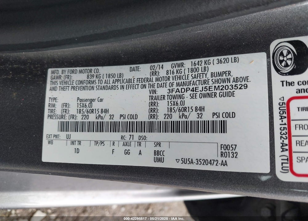 2014 FORD FIESTA SE VIN: 3FADP4EJ5EM203529