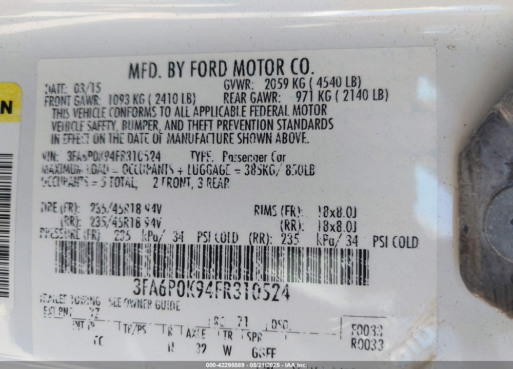 2015 FORD FUSION VIN: 3FA6P0K94FR310524
