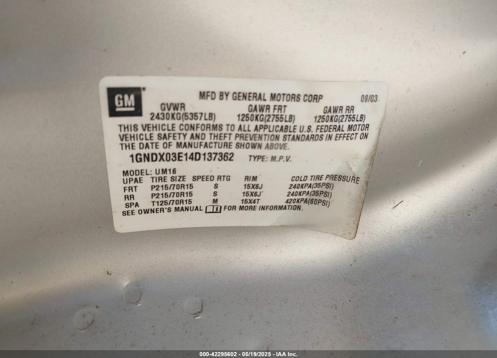 2004 CHEVROLET VENTURE LS VIN: 1GNDX03E14D137362