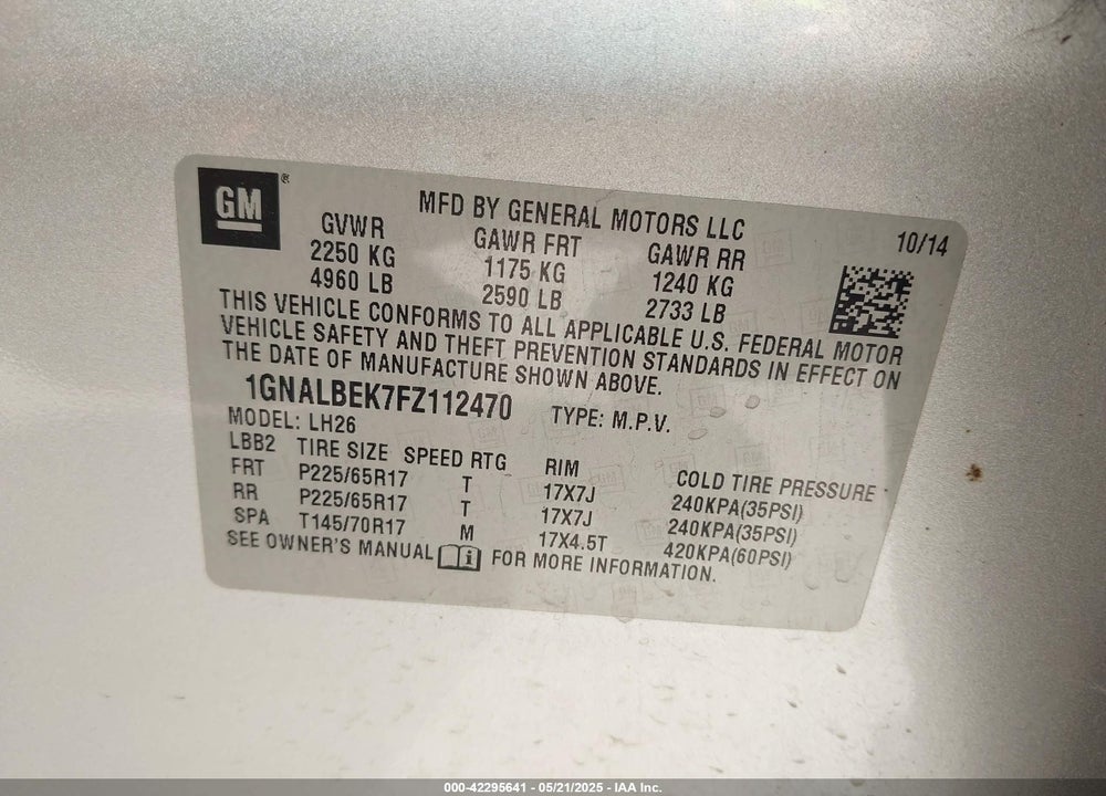 2015 CHEVROLET EQUINOX VIN: 1GNALBEK7FZ112470