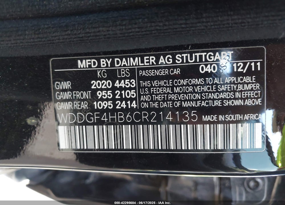 2012 MERCEDES-BENZ C 250 VIN: WDDGF4HB6CR214135