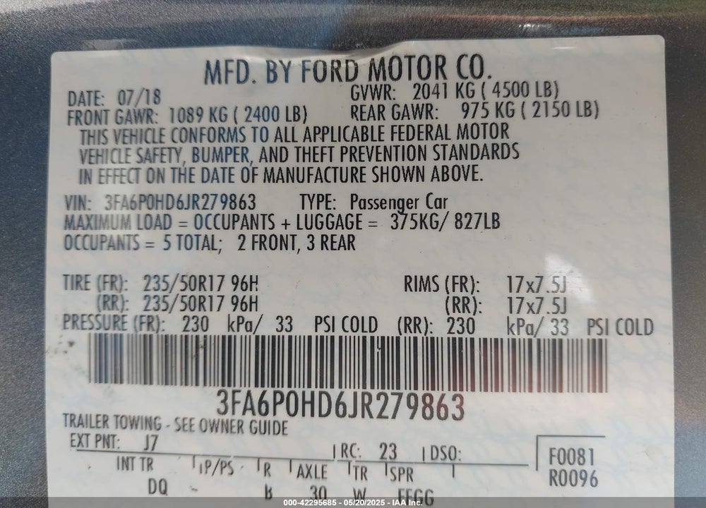 2018 FORD FUSION SE VIN: 3FA6P0HD6JR279863