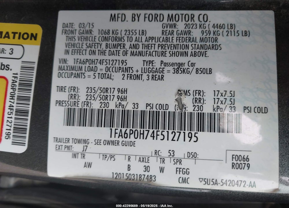 2015 FORD FUSION SE VIN: 1FA6P0H74F5127195