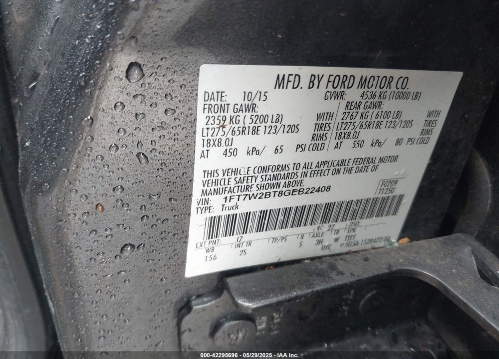 2016 FORD F-250 VIN: 1FT7W2BT8GEB22408