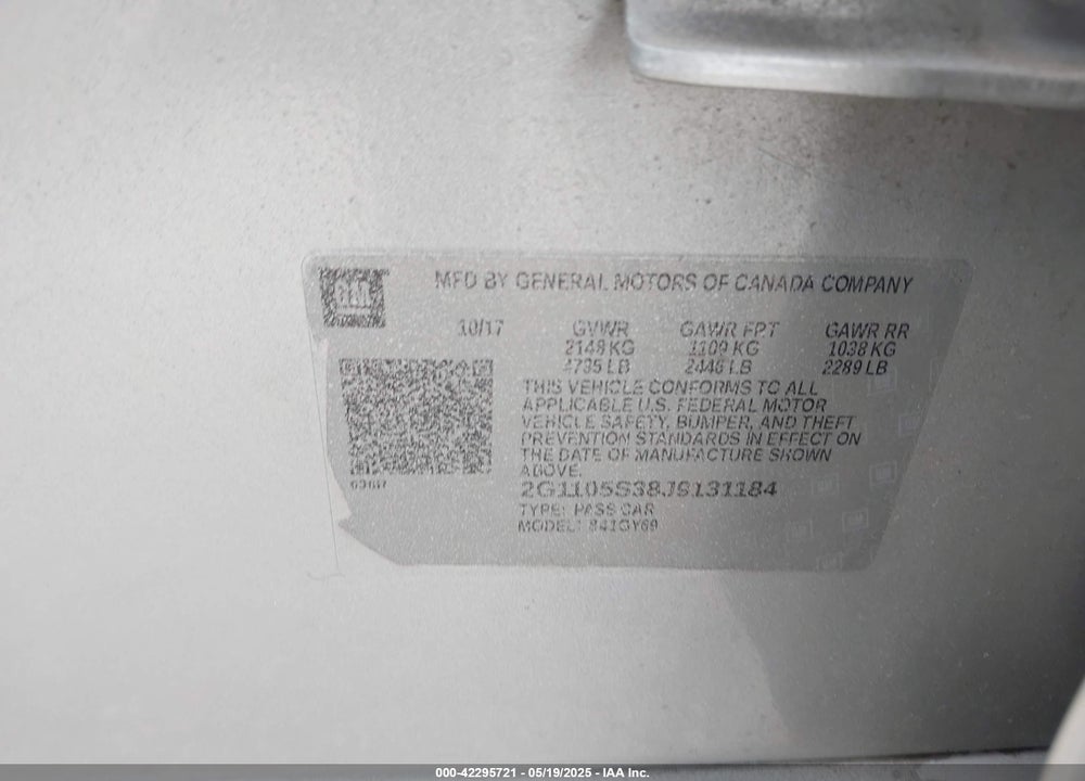 2018 CHEVROLET IMPALA VIN: 2G1105S38J9131184