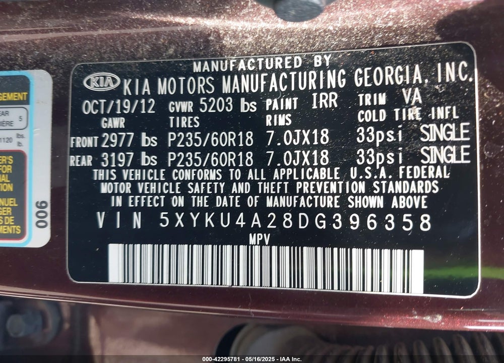 2013 KIA SORENTO EX V6 VIN: 5XYKU4A28DG396358