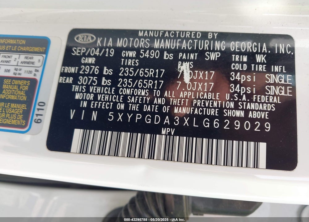 2020 KIA SORENTO 2.4L LX VIN: 5XYPGDA3XLG629029