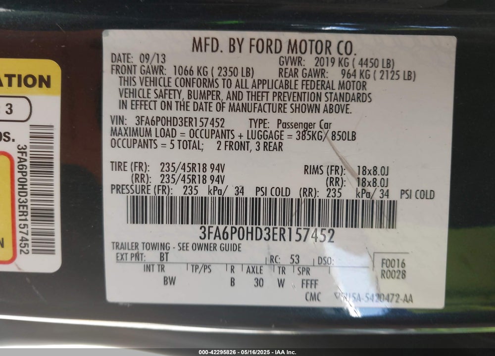2014 FORD FUSION VIN: 3FA6P0HD3ER157452