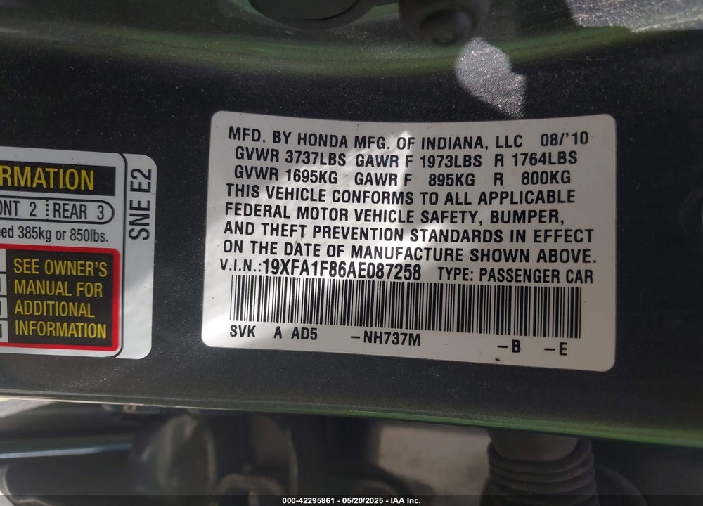 2010 HONDA CIVIC EX VIN: 19XFA1F86AE087258