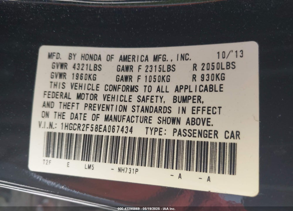 2014 HONDA ACCORD VIN: 1HGCR2F58EA067434