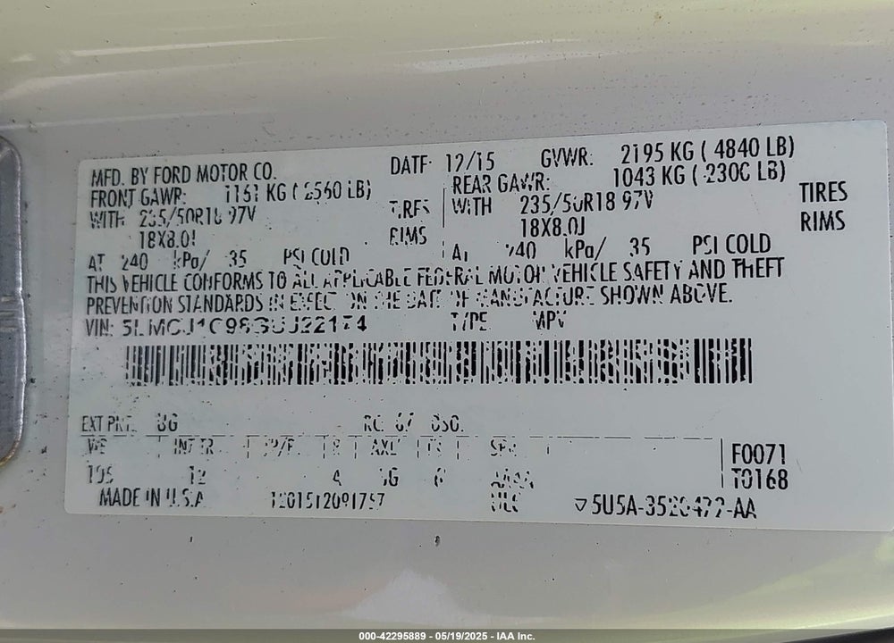 2016 LINCOLN MKC VIN: 5LMCJ1C98GUJ22174