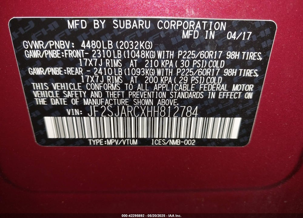 2017 SUBARU FORESTER 2.5I LIMITED VIN: JF2SJARCXHH812784