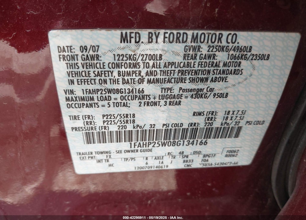 2008 FORD TAURUS LIMITED VIN: 1FAHP25W08G134166