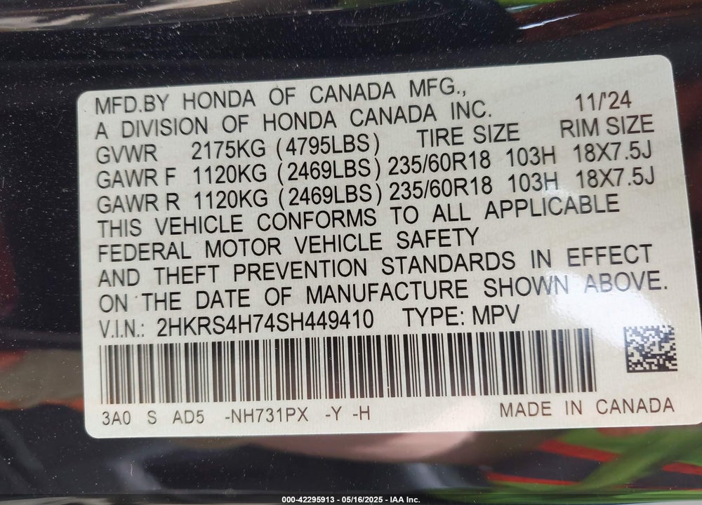 2025 HONDA CR-V VIN: 2HKRS4H74SH449410