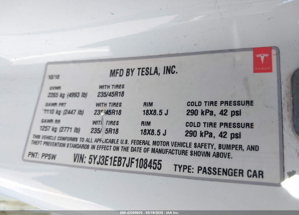 2018 TESLA MODEL 3 VIN: 5YJ3E1EB7JF108455