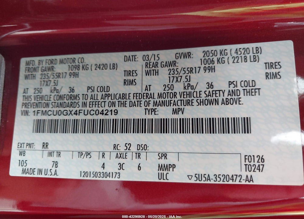 2015 FORD ESCAPE VIN: 1FMCU0GX4FUC04219