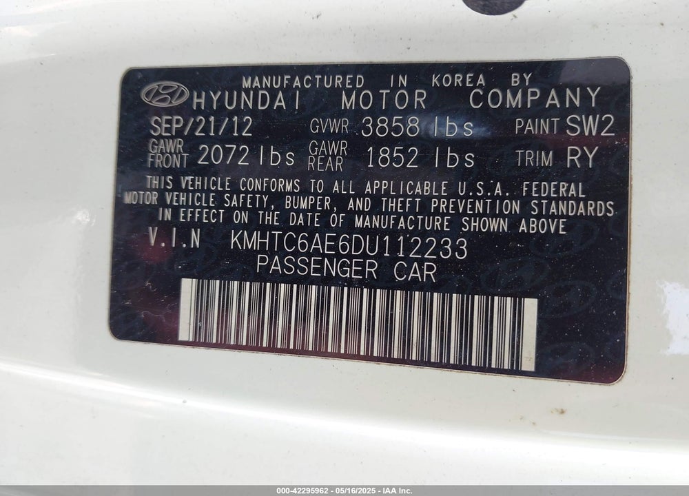 2013 HYUNDAI VELOSTER VIN: KMHTC6AE6DU112233