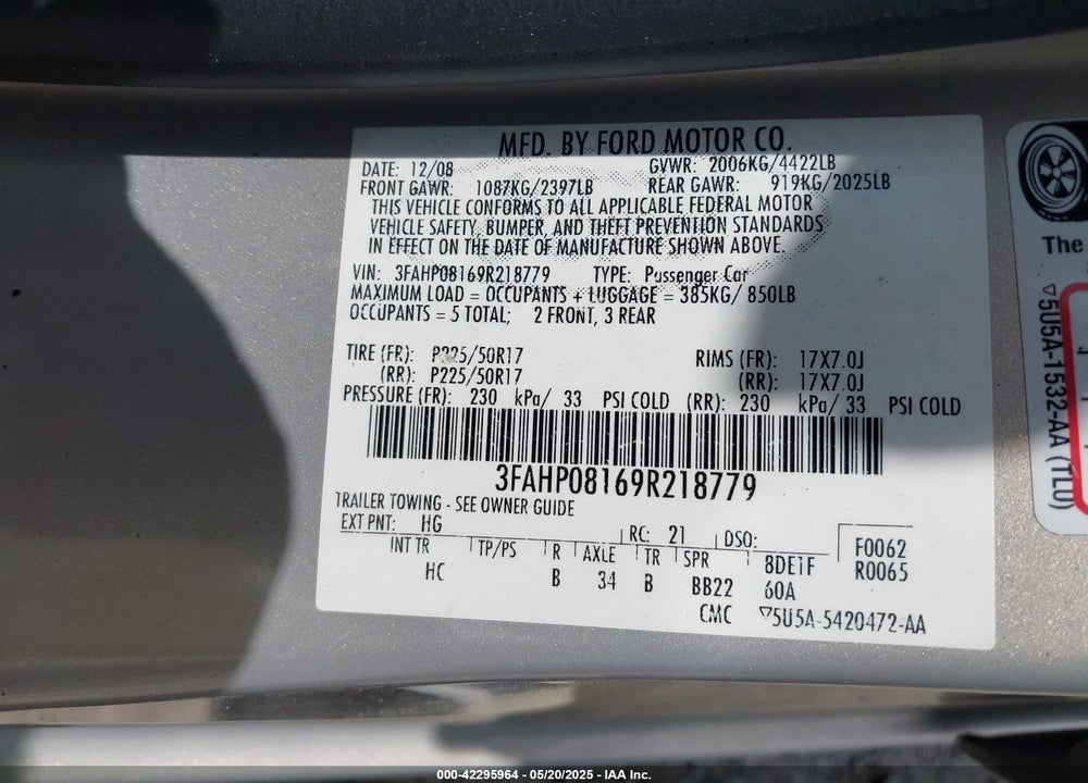 2009 FORD FUSION SEL VIN: 3FAHP08169R218779