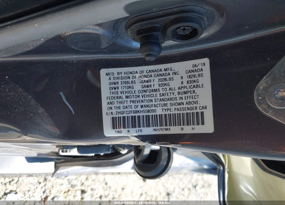 2019 HONDA CIVIC VIN: 2HGFC2F68KH558090