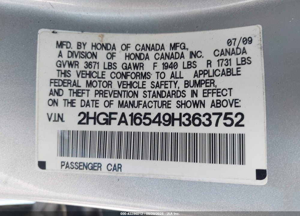 2009 HONDA CIVIC LX VIN: 2HGFA16549H363752