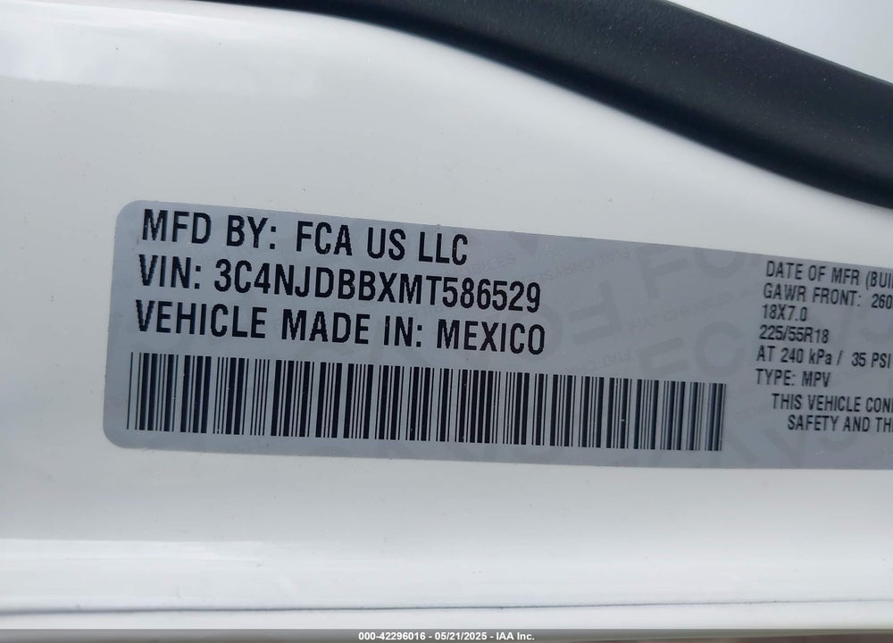 2021 JEEP COMPASS VIN: 3C4NJDBBXMT586529