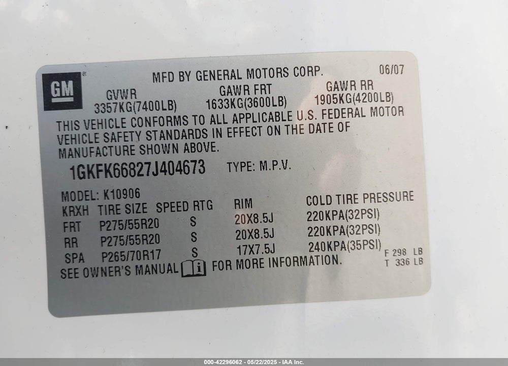 2007 GMC YUKON XL 1500 DENALI VIN: 1GKFK66827J404673