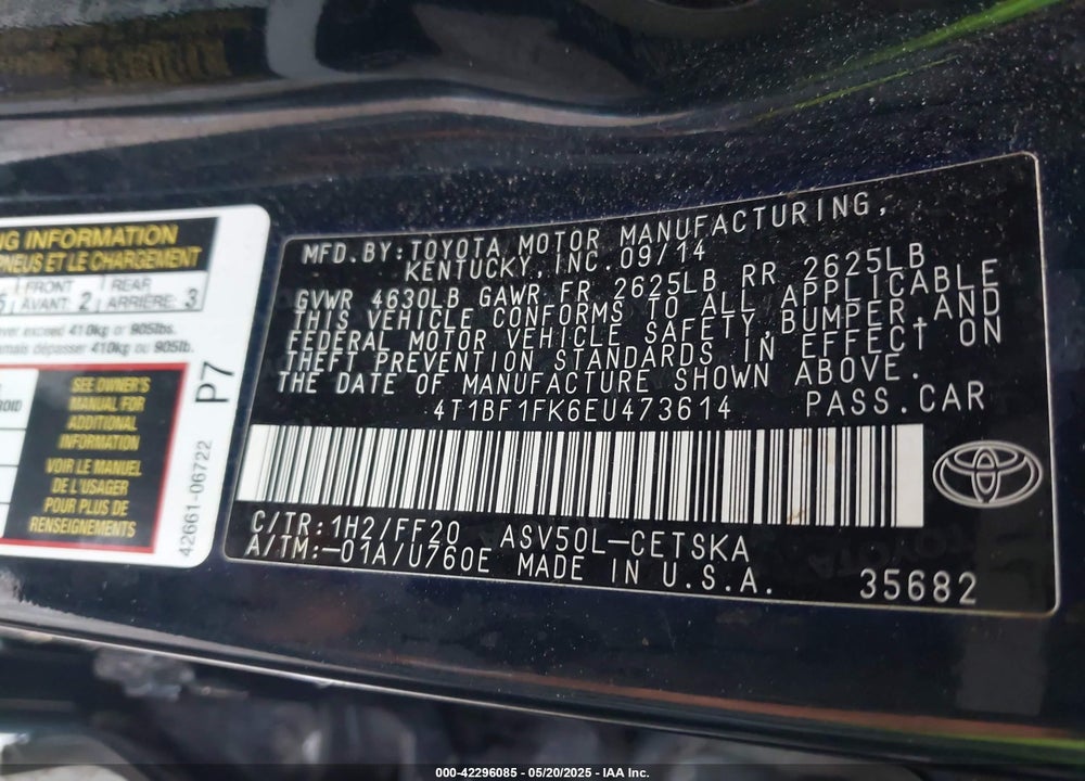 2014 TOYOTA CAMRY L/LE/SE/SE SPORT/XLE VIN: 4T1BF1FK6EU473614
