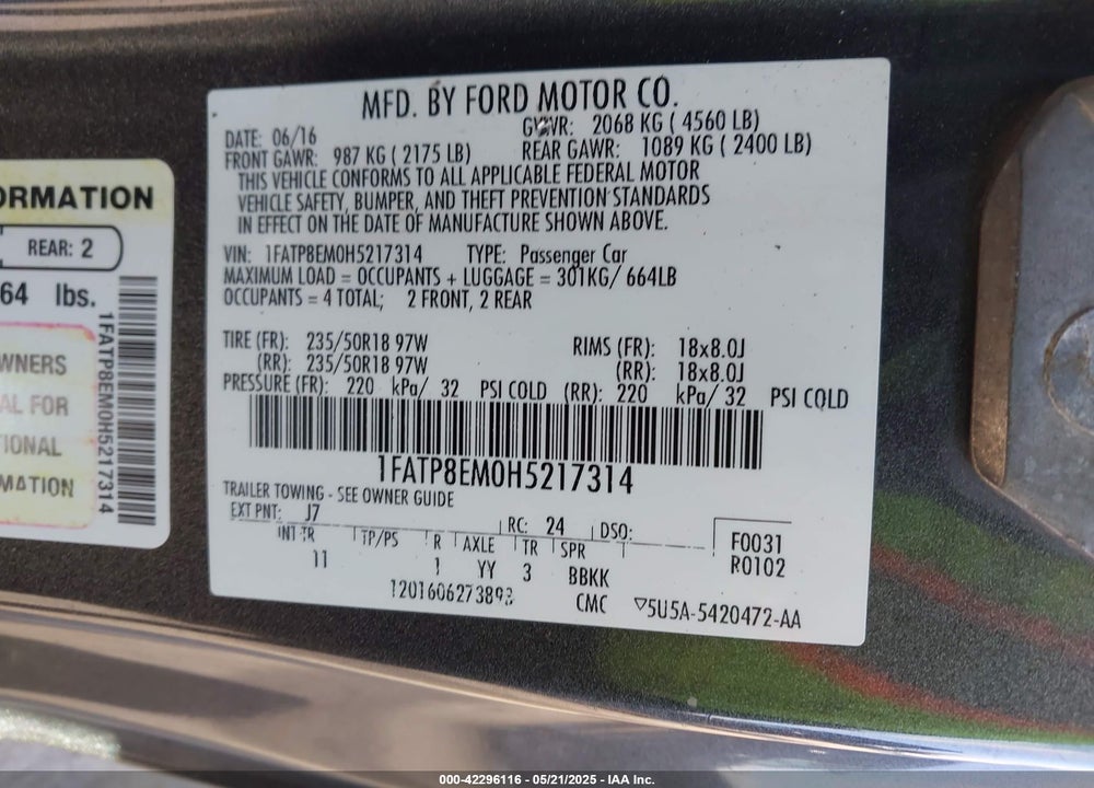 2017 FORD MUSTANG VIN: 1FATP8EM0H5217314