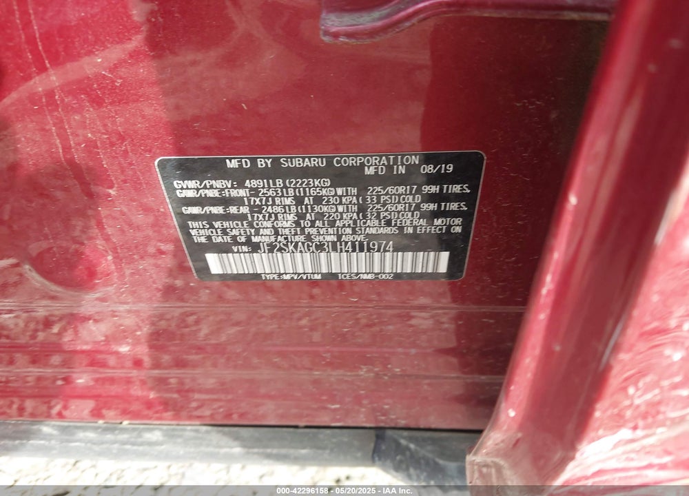 2020 SUBARU FORESTER PREMIUM VIN: JF2SKAGC3LH411974